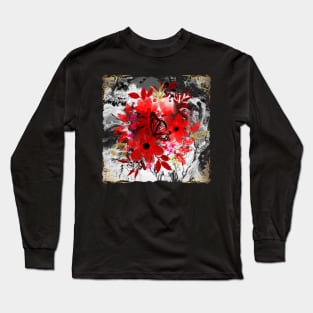 Painted Blooms on Spilled Canvas - Gold and red - black and white Long Sleeve T-Shirt